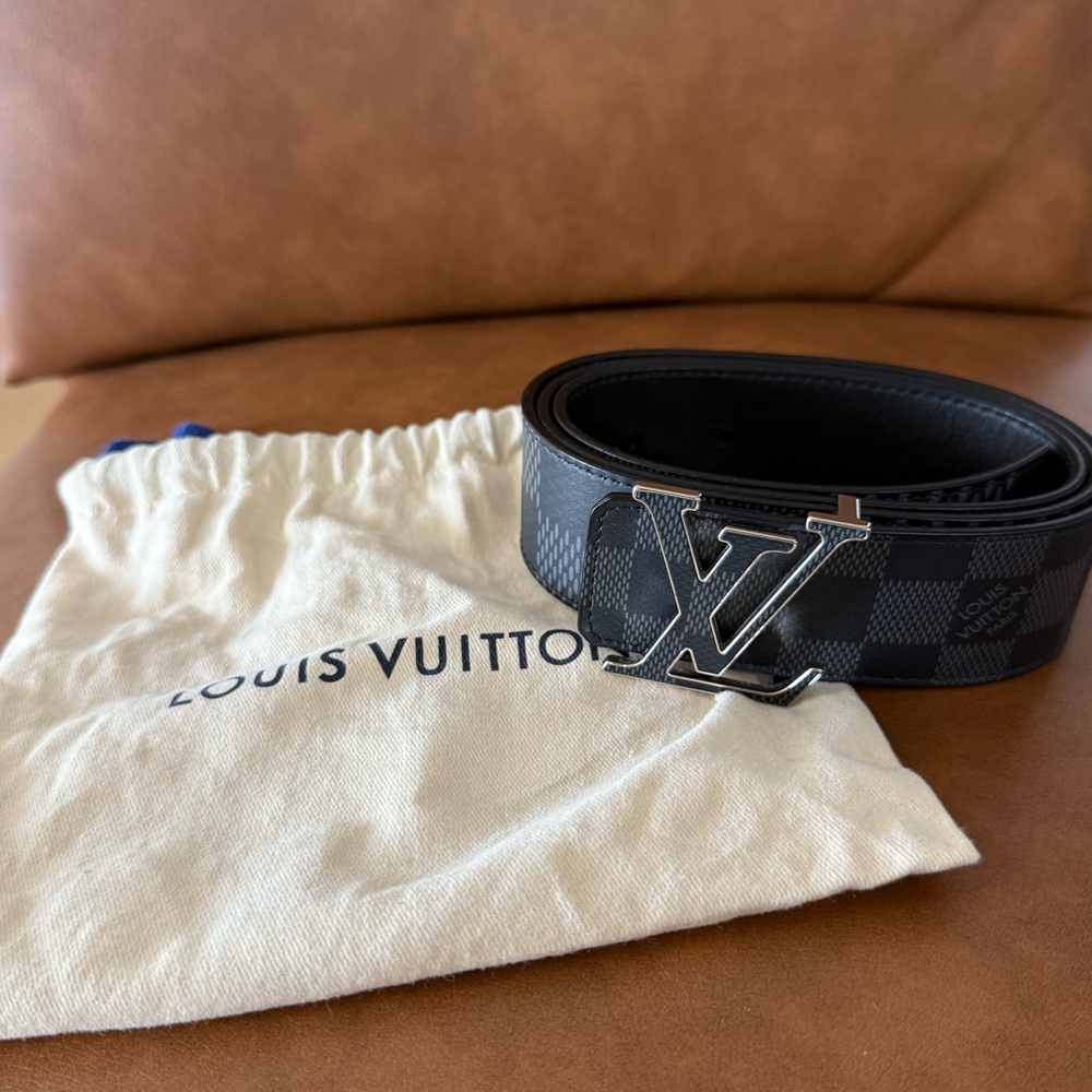 RARE Louis Vuitton Dark Checkered Belt with Silver Logo in pristine condition.
